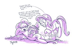 Size: 2885x1896 | Tagged: safe, artist:jowyb, starlight glimmer, trixie, pony, unicorn, g4, student counsel, book, bracelet, duo, female, jewelry, mare, monochrome, signature, simple background, white background