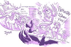 Size: 2885x1896 | Tagged: safe, artist:jowyb, fluttershy, starlight glimmer, sunburst, trixie, cockatrice, pegasus, pony, unicorn, g4, student counsel, cape, clothes, coffee mug, female, flying, hat, hooves to the chest, male, mare, mug, pokémon, signature, stallion, stare, summoning, the stare, trixie's cape, trixie's hat