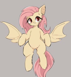 Size: 1885x2048 | Tagged: safe, artist:91o42, fluttershy, bat pony, pony, g4, bat ponified, belly, cute, female, flutterbat, gray background, looking at you, mare, race swap, shyabates, shyabetes, simple background, solo, spread wings, wings