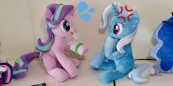 Size: 1024x512 | Tagged: safe, artist:nekokevin, princess luna, starlight glimmer, trixie, twilight sparkle, alicorn, pony, unicorn, series:nekokevin's glimmy, g4, student counsel, cross-popping veins, female, irl, looking at each other, mare, open mouth, photo, plushie, raised hoof, sitting, smiling, underhoof, wristband