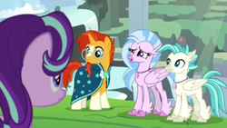 Size: 1366x768 | Tagged: safe, screencap, silverstream, starlight glimmer, sunburst, terramar, hippogriff, pony, unicorn, g4, student counsel, brother and sister, female, group, male, mare, quartet, siblings, stallion, waterfall