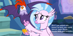 Size: 1810x905 | Tagged: safe, edit, edited screencap, editor:korora, screencap, edith, silverstream, classical hippogriff, cockatrice, hippogriff, g4, student counsel, cropped, cute, diabedith, dialogue, diastreamies, female, implied apple bloom, implied scootaloo, implied sweetie belle, jewelry, necklace, red eyes, this will end in death, this will end in tears, this will end in tears and/or death, tickling, treehouse of harmony