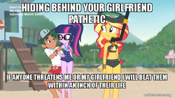 Size: 800x449 | Tagged: safe, edit, edited screencap, screencap, sci-twi, sunset shimmer, timber spruce, twilight sparkle, equestria girls, equestria girls series, g4, unsolved selfie mysteries, beach, beach shorts swimsuit, clothes, edgy, equestria girls drama, female, geode of empathy, geode of telekinesis, implied shipping, implied straight, implied timbertwi, internet tough guy, lifeguard timber, magical geodes, meme, op is a duck, op is a tough guy, op is trying to start shit, shorts, sunset shimmer's beach shorts swimsuit, timber spruce drama