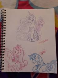 Size: 1224x1632 | Tagged: safe, artist:cakecatdoodlez, princess cadance, princess luna, shining armor, twilight sparkle, alicorn, pony, unicorn, g4, big crown thingy, blushing, closed mouth, collaboration, colored hooves, crown, ears back, element of magic, ethereal hair, ethereal mane, ethereal tail, female, flying, folded wings, group, hoof shoes, jewelry, lesbian, lidded eyes, looking at each other, looking at someone, looking back, male, mare, open mouth, peytral, princess shoes, quartet, regalia, ship:shiningcadance, ship:twiluna, shipping, sitting, sketchbook, smiling, spread wings, stallion, straight, tail, tiara, traditional art, unicorn twilight, unshorn fetlocks, wings