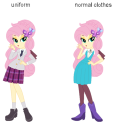 Size: 666x700 | Tagged: safe, artist:bezziie, fluttershy, equestria girls, g4, alternate clothes, alternate hairstyle, boots, clothes, lidded eyes, necktie, shoes, simple background, socks, transparent background, uniform