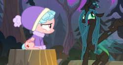Size: 1500x800 | Tagged: safe, edit, edited screencap, screencap, cozy glow, queen chrysalis, changeling, changeling queen, pegasus, pony, frenemies (episode), g4, derp, female, filly, forest, tree stump
