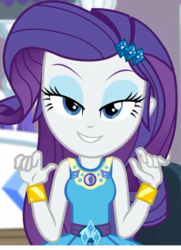 Size: 315x436 | Tagged: safe, screencap, rarity, camping must-haves, equestria girls, g4, my little pony equestria girls: better together, bed, bedroom eyes, belt buckle, bracelet, cropped, eyeshadow, female, frilly design, geode of shielding, gold, jewelry, lidded eyes, magical geodes, makeup, pendant, rarity peplum dress, rarity's bedroom, sleeveless, solo, stupid sexy rarity