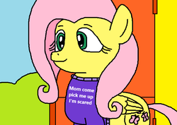 Size: 697x493 | Tagged: safe, alternate version, artist:logan jones, fluttershy, pegasus, pony, g4, clothes, cute, daaaaaaaaaaaw, door, female, fluttershy's cottage, implied posey shy, male, meme, mom come pick me up i'm scared, my pretty seahorse, patrick star, ponified meme, reaction image, scared, shyabetes, spongebob squarepants, sweater, sweatershy