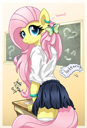 Size: 950x1400 | Tagged: safe, artist:joakaha, fluttershy, anthro, g4, chalkboard, clothes, cute, female, looking back, mare, school uniform, shyabetes, solo, wingless, wingless anthro