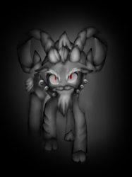 Size: 1001x1341 | Tagged: safe, artist:mr100dragon100, grogar, sheep, black and white, cloven hooves, grayscale, looking at you, male, monochrome, ram, red eyes