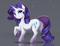 Size: 1298x1000 | Tagged: safe, artist:evehly, rarity, pony, unicorn, g4, alternate design, butt, coat markings, cute, dappled, female, looking at you, mare, plot, raised hoof, smiling, solo