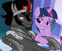 Size: 870x720 | Tagged: safe, artist:osipush, edit, edited screencap, editor:ah96, screencap, king sombra, twilight sparkle, alicorn, pony, unicorn, g4, the beginning of the end, the saddle row review, cropped, female, king sombra gets all the mares, lidded eyes, male, mare, ship:twibra, shipping, sitting, smiling, stallion, story in the comments, straight, stupid sexy sombra, twilight sparkle (alicorn)