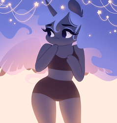 Size: 1654x1739 | Tagged: safe, artist:katputze, princess luna, anthro, g4, backlighting, clothes, compression shorts, cute, ethereal mane, female, hips, lunabetes, midriff, solo, sports bra, sports panties, spread wings, starry mane, wings