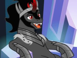 Size: 967x720 | Tagged: safe, edit, edited screencap, screencap, king sombra, pony, unicorn, g4, the beginning of the end, cropped, lidded eyes, male, open mouth, sitting, solo, stallion, stupid sexy sombra, tongue out