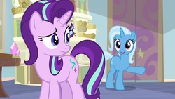 Size: 1920x1080 | Tagged: safe, screencap, starlight glimmer, trixie, pony, unicorn, g4, student counsel, book, cute, duo, female, mare, raised eyebrow, raised hoof, school of friendship, starlight's office