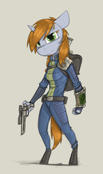 Size: 650x1100 | Tagged: safe, artist:sinrar, oc, oc only, oc:littlepip, unicorn, anthro, unguligrade anthro, fallout equestria, backpack, bag, clothes, fanfic, fanfic art, female, gray background, gun, handgun, hooves, horn, jumpsuit, little macintosh, optical sight, pipbuck, revolver, simple background, solo, vault suit, weapon