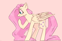 Size: 1206x804 | Tagged: safe, artist:yeeegorka, fluttershy, pegasus, pony, g4, female, looking at something, mare, pink background, profile, raised hoof, simple background, smiling, solo, standing, wings
