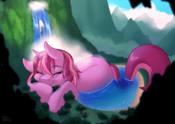 Size: 4093x2894 | Tagged: safe, artist:sugaryviolet, part of a set, oc, oc only, oc:sugary violet, pony, unicorn, cute, giant pony, lake, macro, part of a series, scenery, smiling, waterfall