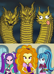 Size: 1920x2612 | Tagged: safe, edit, screencap, adagio dazzle, aria blaze, sonata dusk, dragon, hydra, kaiju, equestria girls, g4, my little pony equestria girls: rainbow rocks, :3, :p, angry, colored sclera, crossed arms, derp, frown, glare, godzilla (series), godzilla: king of the monsters 2019, hand on hip, ichi, kevin ghidorah, king ghidorah, looking at you, multiple heads, nii, raised eyebrow, red sclera, san, serious, serious face, smiling, smirk, the dazzlings, tongue out