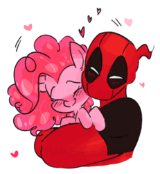Size: 540x584 | Tagged: safe, artist:drawbauchery, pinkie pie, pony, g4, blushing, crossover, crossover shipping, cute, deadpool, diapinkes, eyes closed, female, heart, hug, male, marvel, pinkiepool (pairing), shipping, simple background, straight, transparent background