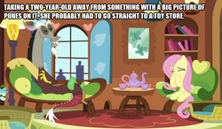 Size: 854x500 | Tagged: safe, edit, edited screencap, screencap, discord, fluttershy, pegasus, pony, g4, make new friends but keep discord, caption, duo, fluttershy's cottage, fluttershy's cottage (interior), image macro, laughing, pone, story, text