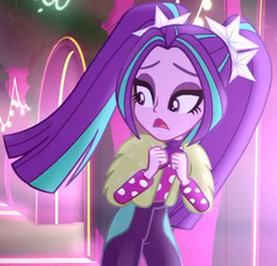 Size: 641x616 | Tagged: safe, screencap, aria blaze, equestria girls, equestria girls series, find the magic, g4, spoiler:eqg series (season 2), alternate clothes, ariabetes, clothes, cropped, cute, female, neon, pants, polka dots, ponytails, solo