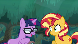 Size: 1920x1080 | Tagged: safe, screencap, sci-twi, sunset shimmer, twilight sparkle, pony, unicorn, equestria girls, equestria girls specials, g4, my little pony equestria girls: better together, my little pony equestria girls: spring breakdown, equestria girls ponified, female, glasses, mare, ponified, smiling, unicorn sci-twi