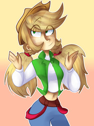 Size: 1280x1707 | Tagged: safe, artist:younglos3r, applejack, human, g4, alternate hairstyle, belly button, cute, eye clipping through hair, female, gradient background, humanized, jackabetes, midriff, pigtails, solo