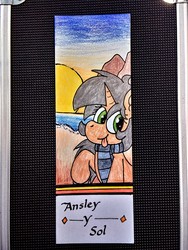 Size: 1920x2560 | Tagged: safe, artist:thebadbadger, oc, oc only, oc:astatine, pony, unicorn, beach, bookmark, ocean, solo, sun, tongue out, traditional art