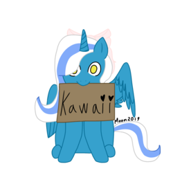 Size: 768x768 | Tagged: safe, artist:moonkins59, oc, oc:fleurbelle, alicorn, pony, alicorn oc, bow, female, hair bow, looking at you, mare, mouth hold, sign, simple background, transparent background, yellow eyes