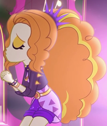 Size: 529x623 | Tagged: safe, screencap, adagio dazzle, equestria girls, equestria girls series, find the magic, g4, spoiler:eqg series (season 2), adoragio, alternate clothes, beautiful, big hair, clothes, cropped, curly hair, cute, dazzlebetes, eyes closed, female, hairband, hands together, jacket, leather jacket, neon, shorts, singing, solo, spiked wristband, waist belt, wristband