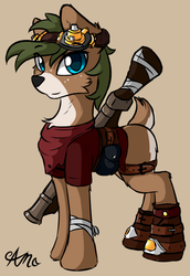 Size: 864x1254 | Tagged: safe, artist:arjinmoon, oc, oc only, oc:rupert, deer pony, original species, pony, clothes, goggles, gun, pouch, ranged weapon, simple background, solo, weapon