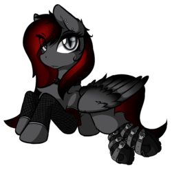 Size: 1157x1142 | Tagged: safe, artist:arjinmoon, oc, oc only, oc:burning shadow, pegasus, pony, vampire, boots, chest fluff, clothes, ear piercing, edgy, eye clipping through hair, female, folded wings, lip piercing, looking at you, mare, on side, piercing, shoes, simple background, solo, transparent background, wings