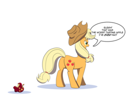 Size: 1493x1150 | Tagged: safe, artist:feralroku, applejack, earth pony, pony, g4, apple, applejack's hat, behind, butt, cowboy hat, devil fruit, disgusted, female, food, hat, one piece, plot, simple background, smile (devil fruit), solo, speech bubble, spoilers for another series, this will end in laughs, white background