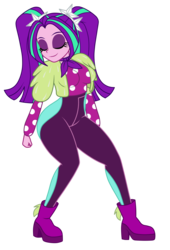 Size: 1500x2200 | Tagged: safe, artist:mashoart, aria blaze, equestria girls, equestria girls series, find the magic, g4, spoiler:eqg series (season 2), breasts, busty aria blaze, clothes, eyes closed, female, greenbutt pants, hips, pigtails, simple background, solo, thick, transparent background, twintails