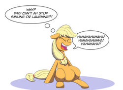 Size: 1545x1135 | Tagged: safe, artist:feralroku, applejack, earth pony, pony, g4, eyes closed, female, laughing, one piece, open mouth, simple background, sitting, solo, speech bubble, spoilers for another series, thought bubble, white background