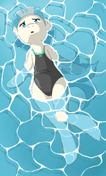 Size: 564x933 | Tagged: safe, artist:vinilyart, coco pommel, earth pony, semi-anthro, g4, anatomically incorrect, arm hooves, clothes, female, floating, mare, one-piece swimsuit, relaxing, solo, swimsuit, water