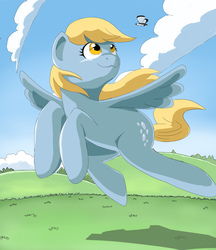 Size: 1248x1446 | Tagged: safe, artist:vinilyart, derpy hooves, butterfly, pegasus, pony, g4, cloud, dog lip, flying, hill, scenery, solo