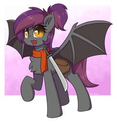 Size: 1514x1570 | Tagged: safe, artist:puetsua, oc, oc only, oc:anneal, bat pony, pony, bat pony oc, chest fluff, clothes, fangs, female, looking at you, machete, mare, open mouth, ponytail, raised hoof, saddle bag, scarf, smiling, solo, spread wings, sword, weapon, wings