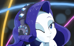 Size: 1359x850 | Tagged: safe, artist:vinilyart, rarity, equestria girls, equestria girls series, g4, the other side, eyeshadow, female, headphones, laser lights, makeup, one eye closed, smiling, solo, wink
