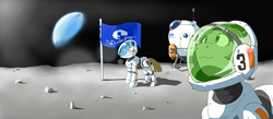Size: 2400x1048 | Tagged: safe, artist:vinilyart, oc, oc only, pony, astronaut, duo, flag, moon, moon landing, planet, spaceship, spacesuit
