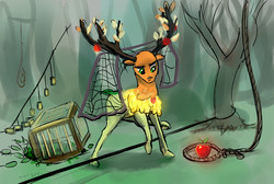 Size: 2707x1814 | Tagged: safe, artist:xbi, the great seedling, elk, going to seed, apple, food, forest, male, net, solo, trap (device), unamused