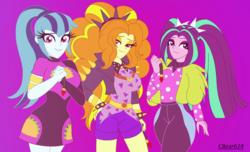 Size: 1906x1162 | Tagged: safe, artist:cbear624, adagio dazzle, aria blaze, sonata dusk, equestria girls, equestria girls series, find the magic, g4, spoiler:eqg series (season 2), bracelet, clothes, female, gem, jacket, jewelry, leather jacket, pigtails, polka dots, ponytail, purple background, shorts, simple background, siren gem, spiked headband, spiked wristband, taco dress, the dazzlings, the dazzlings have returned, twintails, wristband