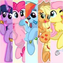 Size: 2896x2896 | Tagged: safe, artist:rainbow eevee, applejack, fluttershy, pinkie pie, rainbow dash, twilight sparkle, pegasus, pony, unicorn, g4, apple, applejack's hat, candy, collage, cookie, cotton candy, cowboy hat, cute, dashabetes, diapinkes, eating, female, food, freckles, gradient background, gummy worm, hat, hershey kisses, high res, hoof hold, jackabetes, mouth hold, one eye closed, open mouth, shyabetes, simple background, smiling, twiabetes, underhoof