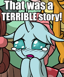 Size: 406x487 | Tagged: safe, artist:uotapo, edit, ocellus, smolder, yona, changedling, changeling, g4, the hearth's warming club, caption, cropped, crying, cute, diaocelles, female, i can't believe it's not idw, image macro, impact font, offscreen character, reaction image, sad, sadorable, teary eyes, text