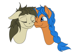 Size: 1500x1105 | Tagged: safe, artist:rubiont, derpibooru exclusive, oc, oc only, oc:eissen, oc:soulful radiance, pegasus, pony, unicorn, background removed, bust, colored, eyes closed, lineart, male, nuzzling, stallion