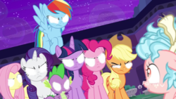 Size: 1280x720 | Tagged: safe, edit, edited screencap, editor:undeadponysoldier, screencap, applejack, cozy glow, fluttershy, pinkie pie, rainbow dash, rarity, spike, twilight sparkle, alicorn, dragon, earth pony, pegasus, pony, unicorn, g4, school raze, creepy, death stare, faic, female, filly, freckles, glowing eyes, it was at this moment that she knew she fucked up, male, mane seven, mane six, mare, now you fucked up, twilight sparkle (alicorn), white eyes, winged spike, wings