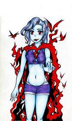 Size: 2698x4551 | Tagged: safe, artist:starwantrix, trixie, vampire, equestria girls, g4, belly button, clothes, fangs, female, midriff, red eyes, shorts, simple background, solo, traditional art, white background