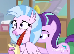 Size: 760x552 | Tagged: safe, screencap, silverstream, starlight glimmer, g4, student counsel, cropped, discovery family logo, duo, it's behind you, out of context, pushing, stranger danger