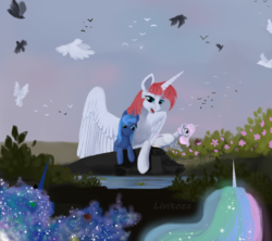 Size: 900x800 | Tagged: safe, artist:livitoza, princess celestia, princess luna, oc, oc:fausticorn, alicorn, bird, butterfly, pony, g4, garden, mother and daughter, pink-mane celestia, pond, remembrance, royal sisters, signature, younger